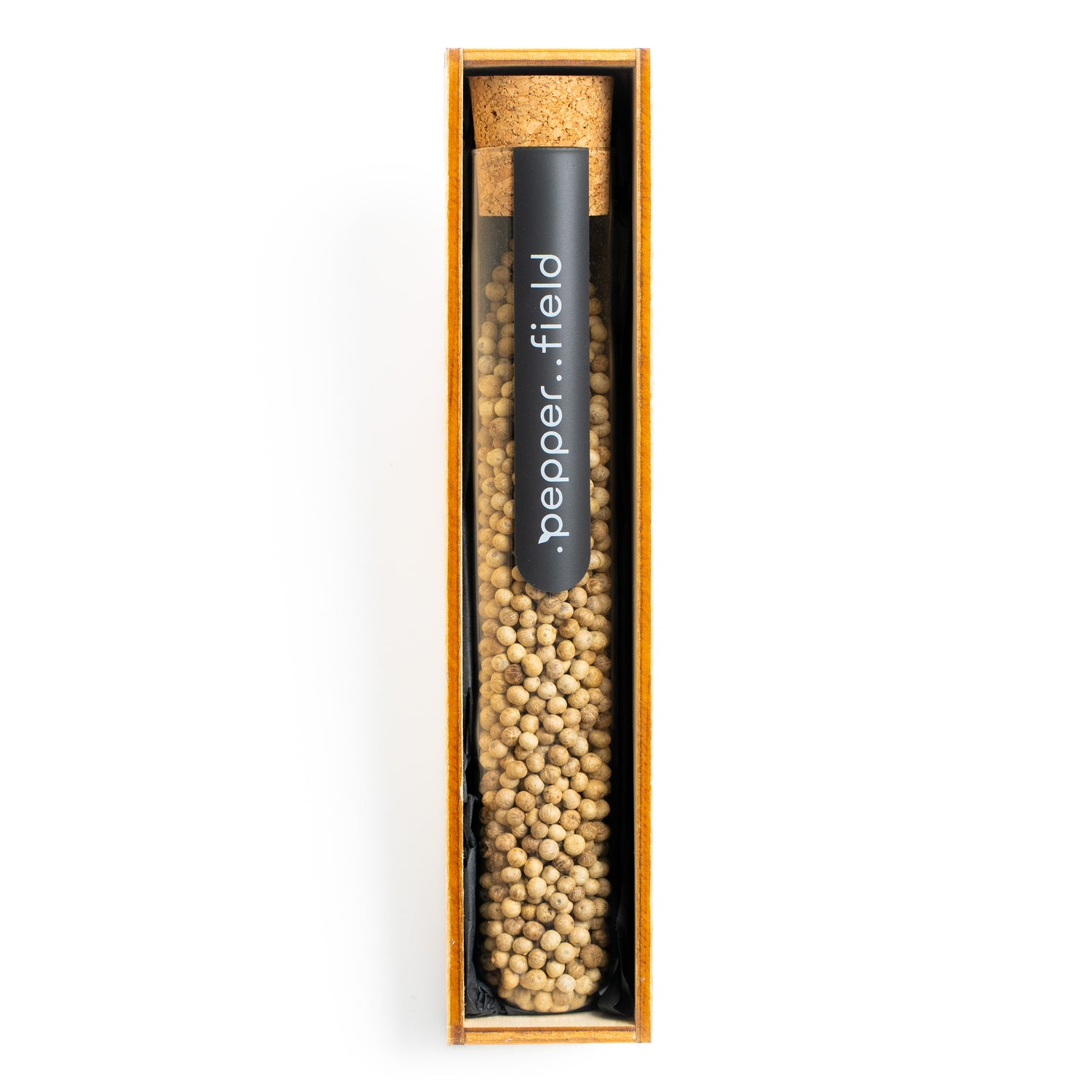 Large test tube with white Kampot pepper in a gift box 