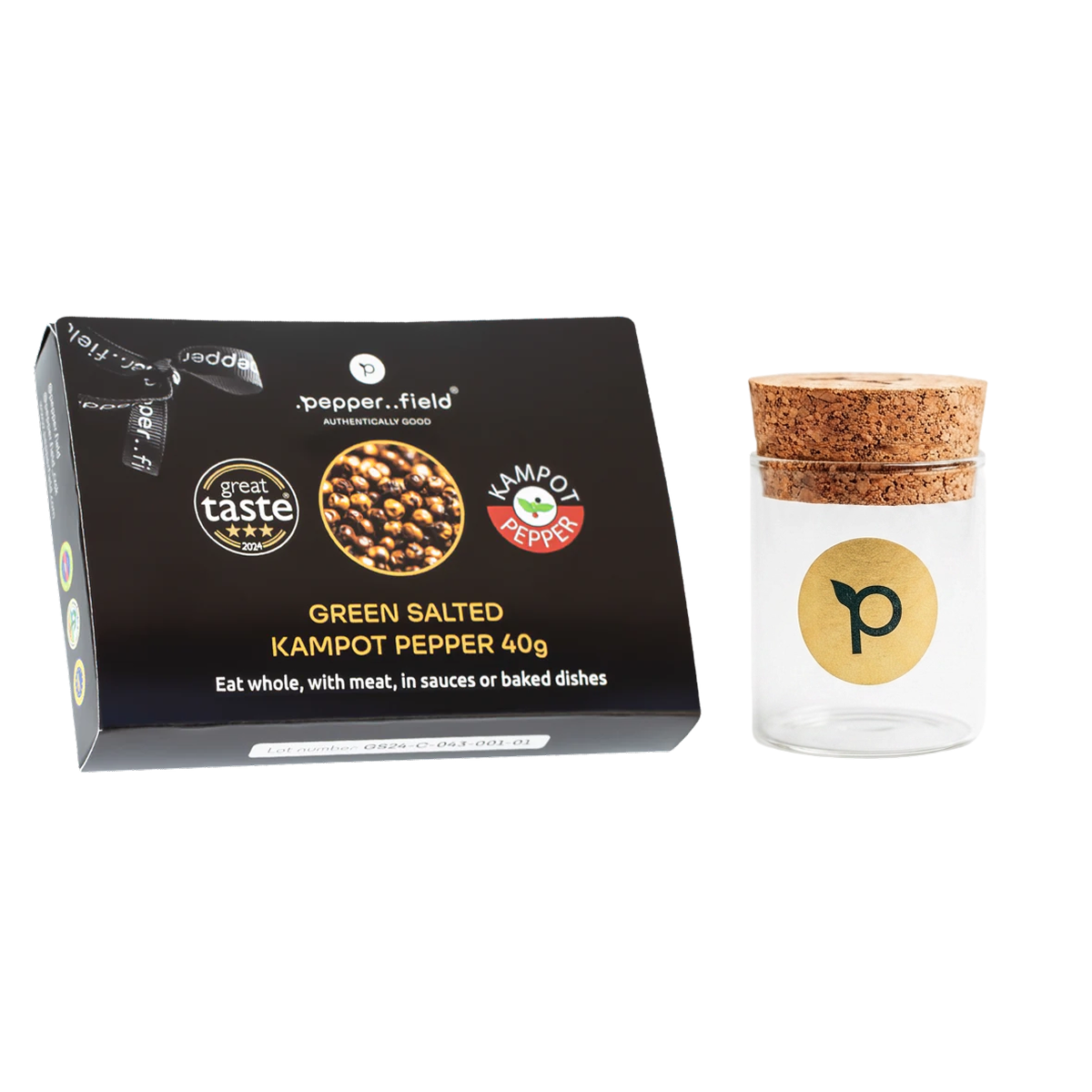 Green Kampot  pepper in a gift Package with a small glass jar 